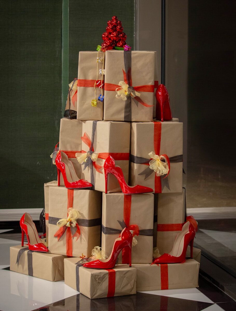 a christmas tree made out of wrapped presents